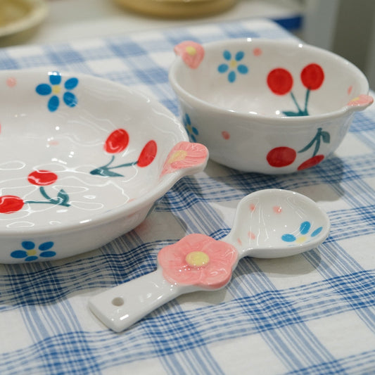 Cherry and Floral Underglaze Ceramic Tableware