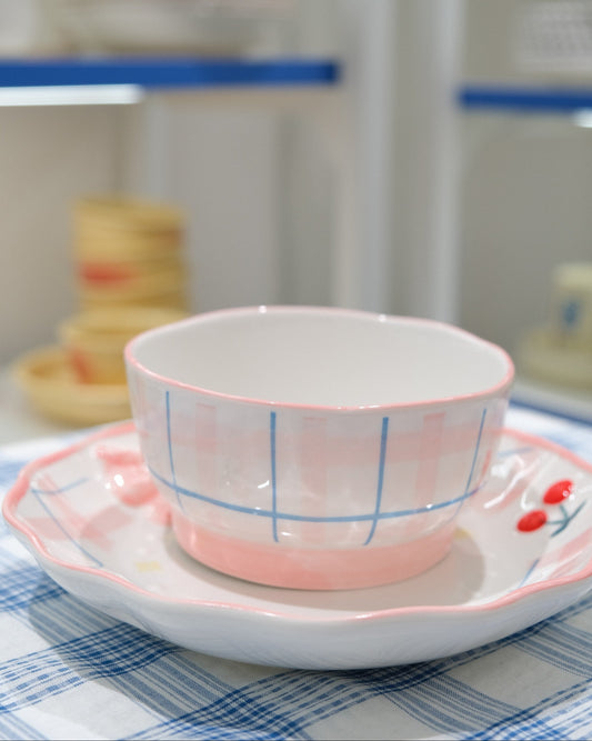 Cherry Pink Gingham Underglaze Ceramic Tableware