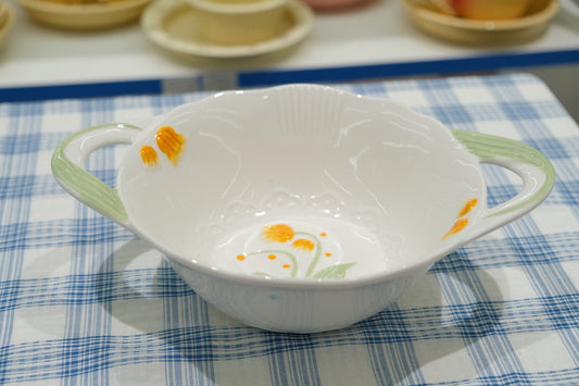 Embossed Floral Double-Handled Soup Bowl Underglaze Ceramic Tableware