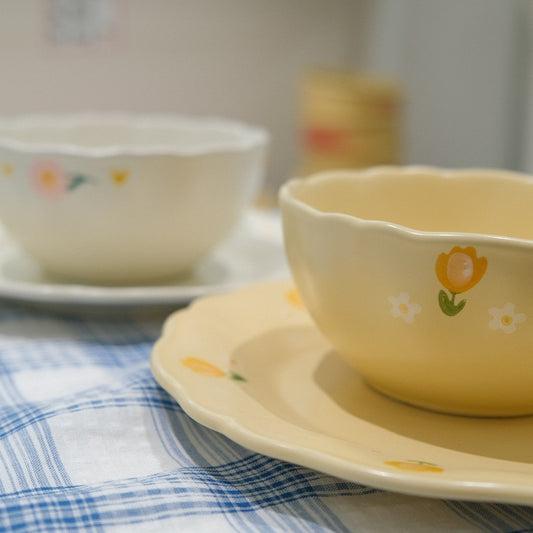Two-Tone Floral Underglaze Ceramic Tableware
